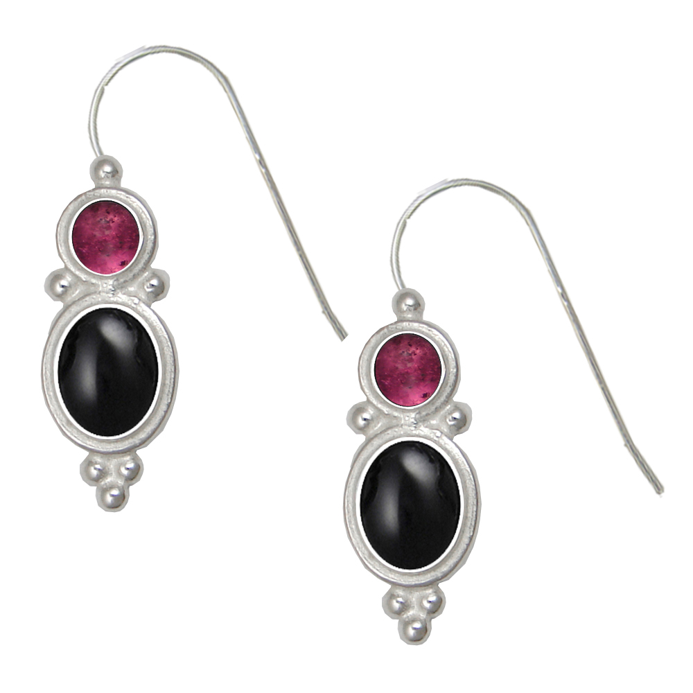 Sterling Silver Drop Dangle Earrings Black Onyx And Pink Tourmaline